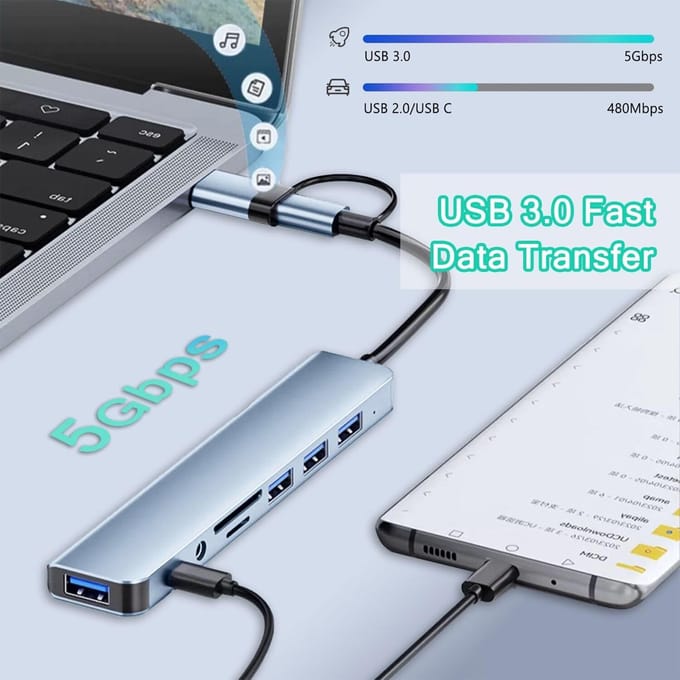 8-IN-2 USB A & USB C Hub Type-C Dockingstation Multipoortadapter USB 3.0 Snelle gegevensoverdracht SD TF zilvergrijze kleur
