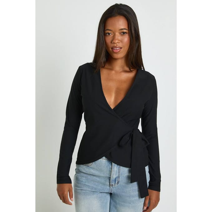 boohoo Dames Wikkel Voorkant Top met Strikband in de Taille | Black | Maat: 14
