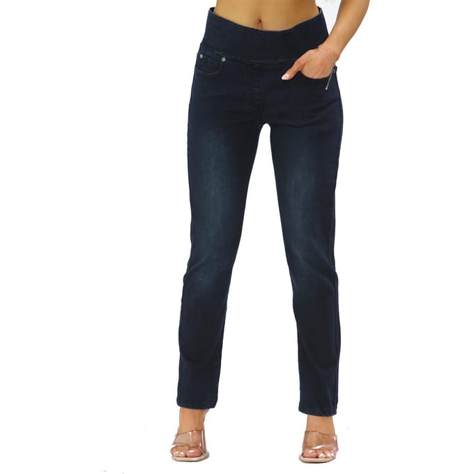 Damesjeans met elastische taille en buikcontrole in donkerblauw