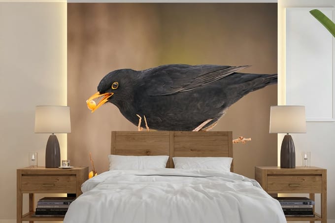 Behang - Fotobehang Vogel - Merel - Winter - IJs - Bes - Breedte 280 cm x hoogte 280 cm