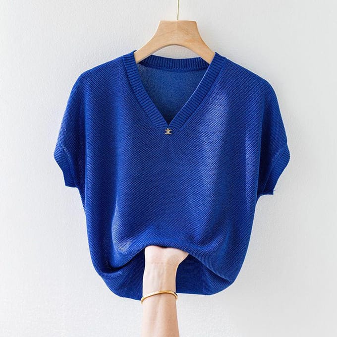 Verhoogde Zomer T-shirt met Korte Mouwen voor Dames, Losse Pasvorm, Oversized, Dunne Top, Basis Gebreide Trui S blue