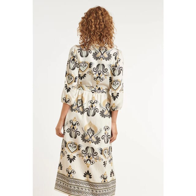 Smashed Lemon Crème midi jurk met ornament print en tailleceintuur |