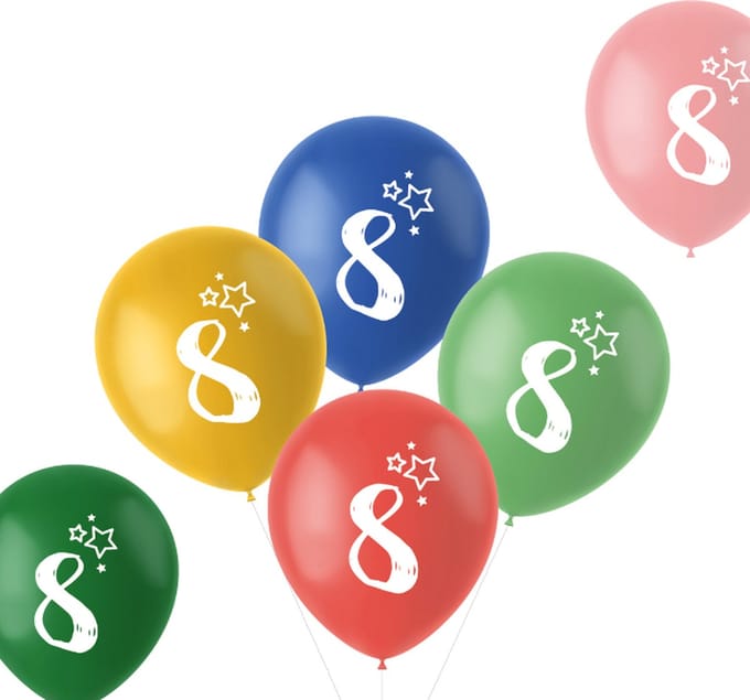 Ballonnen Retro 8 Jaar Meerkleurig 33cm - 6 stuks