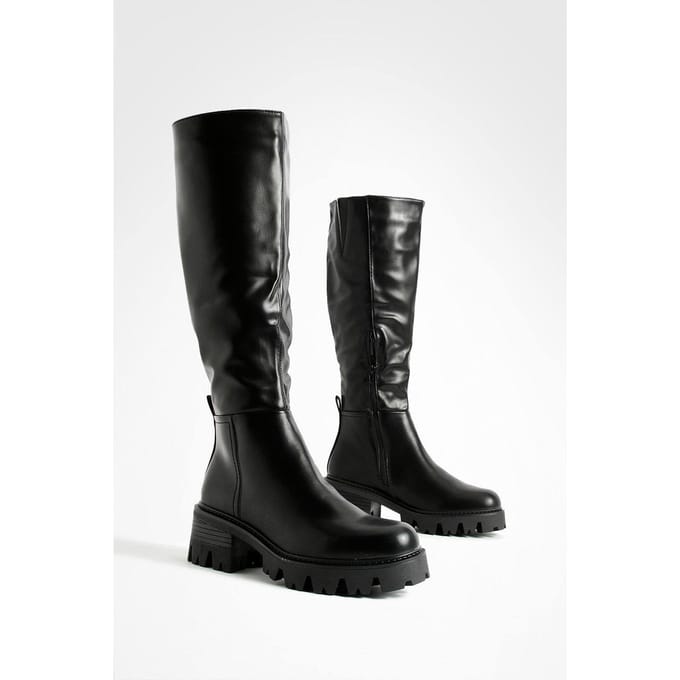 boohoo Dames Lage Hak Chunky Kniehoge Laarzen | Zwart | Maat: 37
