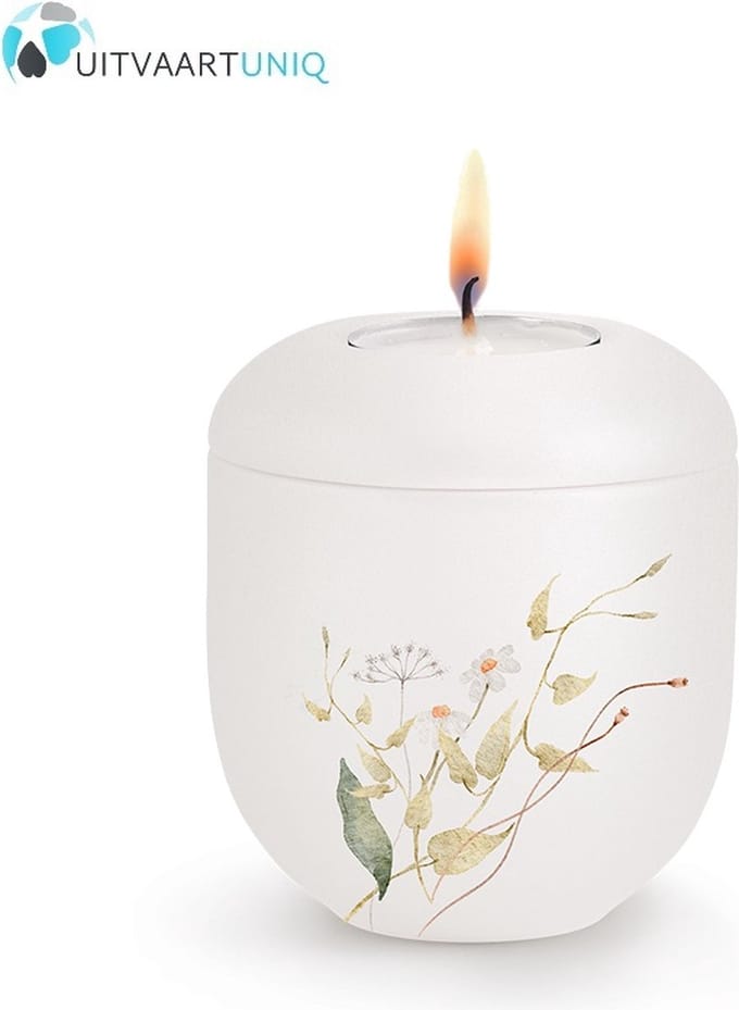 Mini Urn wit bloemenweide oranje - met lichtje