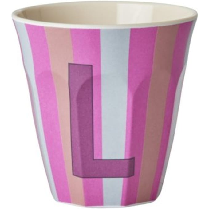 Rice melamine beker medium gestreept letter l, roze