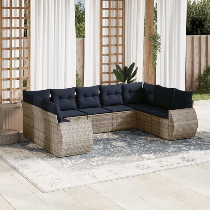 vidaXL - 9-delige - tuinbankset - met - kussens, - grijs - polyrotan