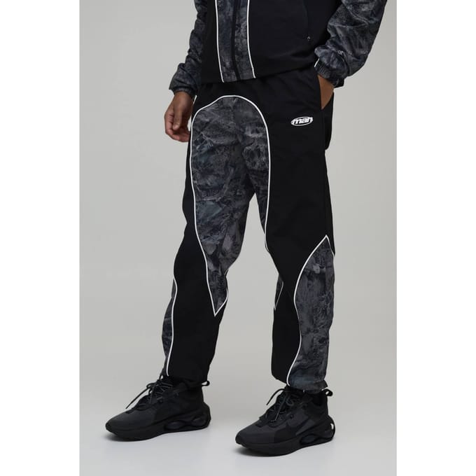 Relaxed Fit Nylon Camo Colour Block Piping Track Pants | Size Medium