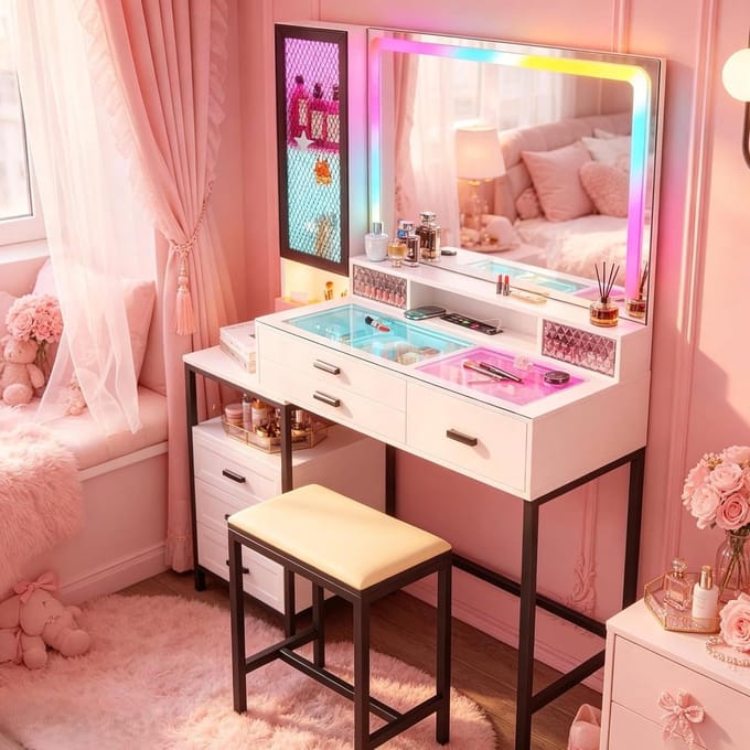 Kaptafel met Spiegel - Dressing Table - Make-up Zelf - Geïntegreerde Laadfunctie - 105 cm Breed - Wit