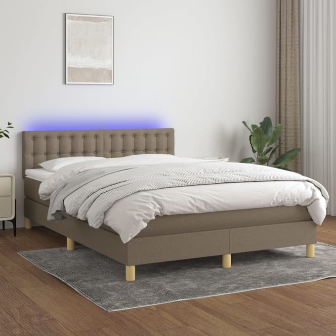 vidaXL - Boxspring - met - matras - en - LED - stof - taupe - 140x200 - cm