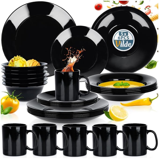 Serviesset Glas Zwart 30 delig - Servies Set - Bordenset - Borden