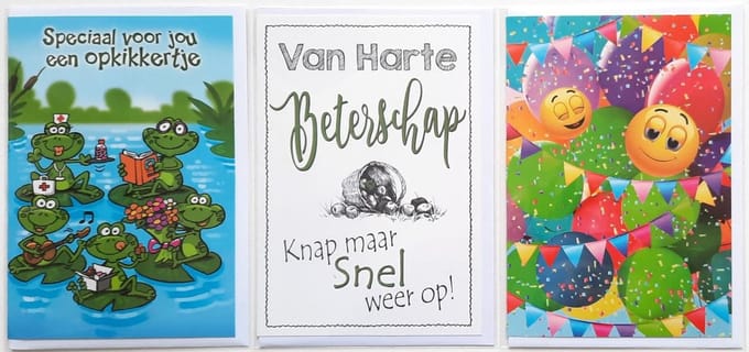 3 Wenskaarten - Van harte Beterschap + Opkikkertje + Ballonnen - 12 x 17 cm – BET-301