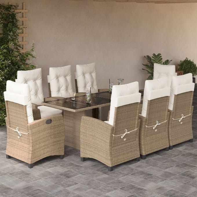 vidaXL - 9-delige - Tuinset - met - kussens - poly - rattan - beige