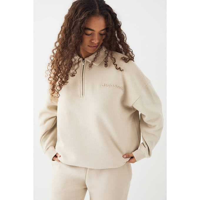 Dames DSGN Studio Relief Kraag Half Rits Sweatshirt | Stone | Maat: 3XL