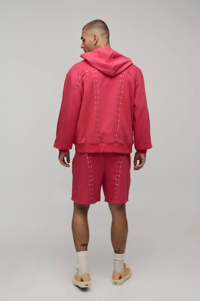 Oversized Boxy Trainingspak Met Hardware Details, Ritssluiting En Wijde Korte Broek | Red | Size Medium