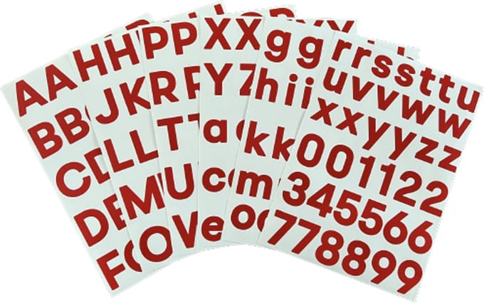 plakletters rood | alfabet stickers | met cijfers | hoogte 4 cm