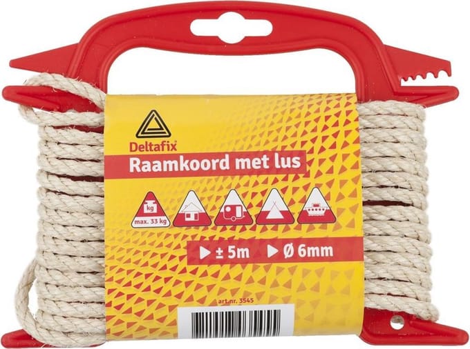 Raamkoord met lus. 5 meter lang. 6mm dik. Deltafix.