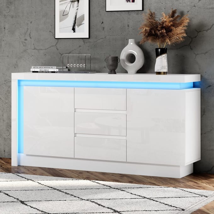 PHOEBE CAT Dressoir - 140*35*72 cm - 3 lades - Verstelbare planken - 2 deuren - LED-verlichting - Hoogglans - Wit