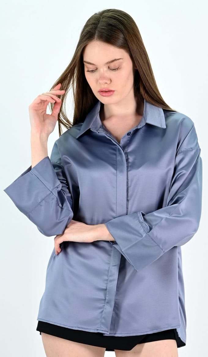 YesMooi - Satijnen Kimono Blouse - Blauw Grijs - M (38)
