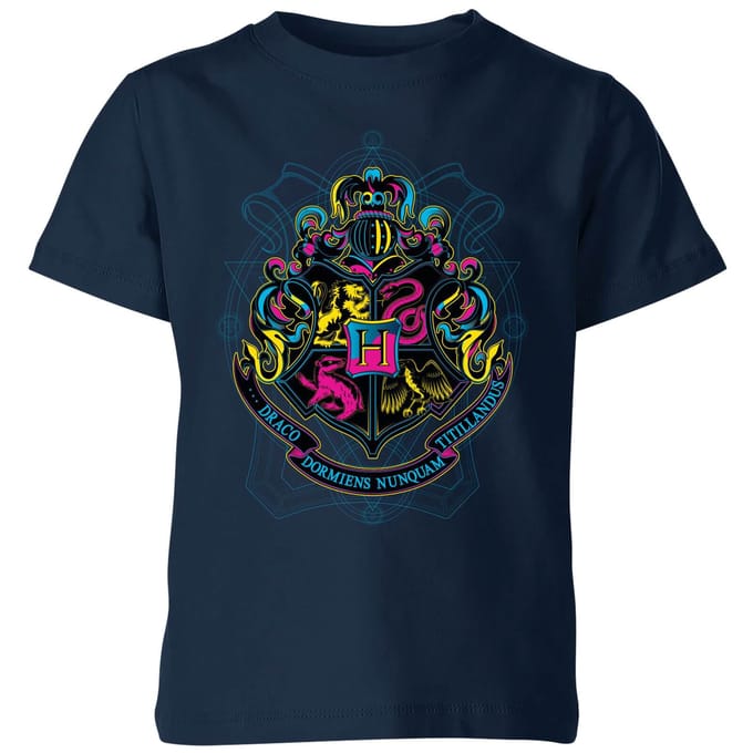 Harry Potter Hogwarts Neon Crest Kids' T-Shirt - Navy - 122/128 (7-8 jaar)