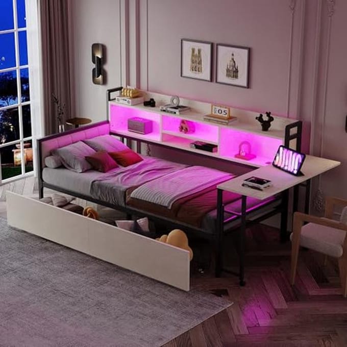 Multifunctioneel Dagbed met Opbergruimte en LED Verlichting - 90 x 200 cm