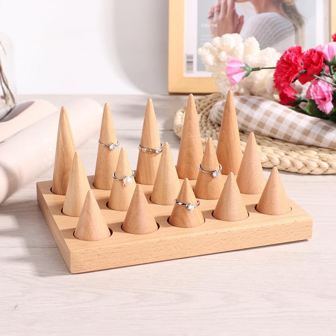 Houten 15 Vingers Display Ringhouder Vitrinestandaard Sieraden Ringen Organizer beige