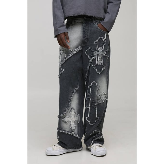 Baggy All Over Cross Applique-jeans | Grey | Size 36R