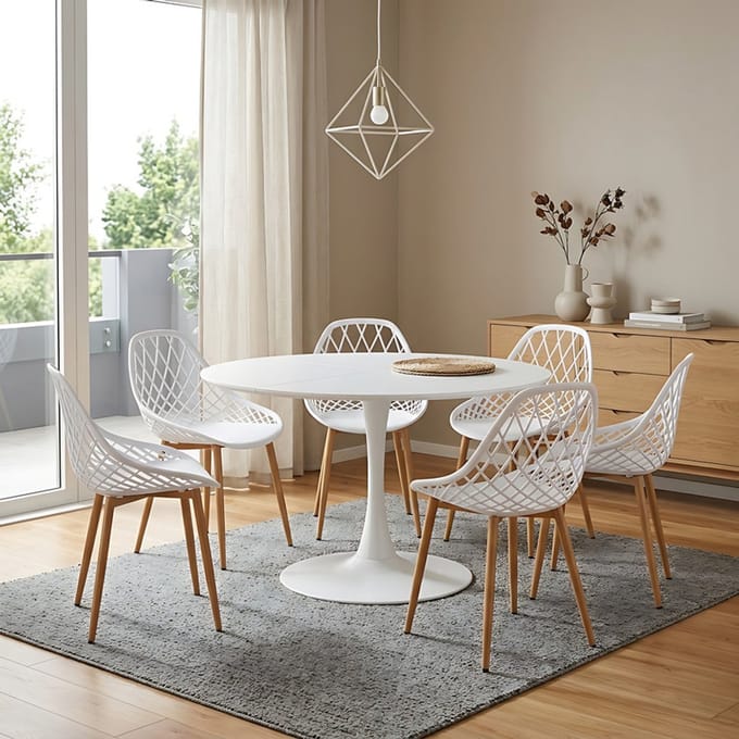 EGGREE eettafel en stoelen - 6 witte eetkamerstoelen - tafel Ø 120 cm - voor bar - café en restaurant