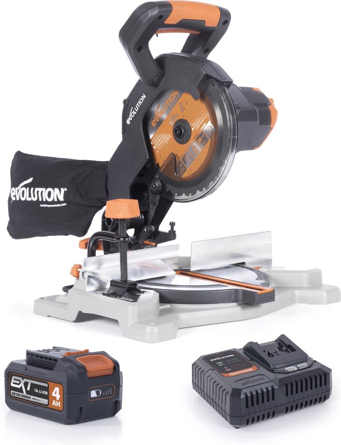 EVOLUTION - VERSTEKZAAG R185CMS + ACCU + RAPID CHARGER - DIA 185 MM - 18V - 4Ah - 65G