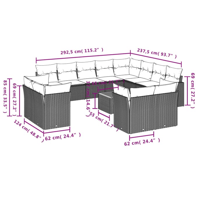 vidaXL - 13-delige - Loungeset - met - kussens - poly - rattan - beige
