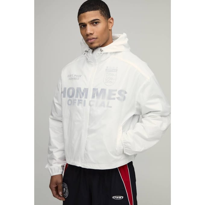 Oversized Boxy Doorschijnende Overlay Grafische Sport Cagoule | White | Size Medium