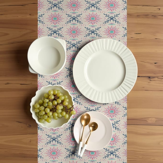 ABAKUHAUS Boho tafelloper – Rechthoekig 40x300 cm – Hemelsblauw/Roze