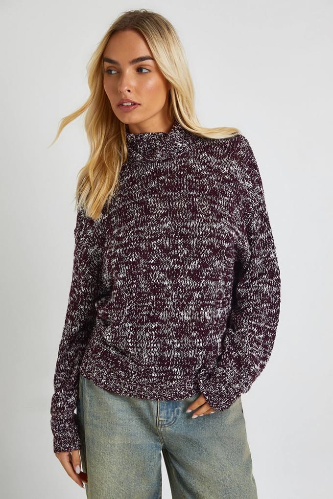 boohoo Dames Rolhals Marl gebreide trui | Aubergine | Maat: Medium