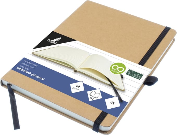 Kangaro notitieboek - A5 - kraft - met lijn - met elastiek, lint en penlus
