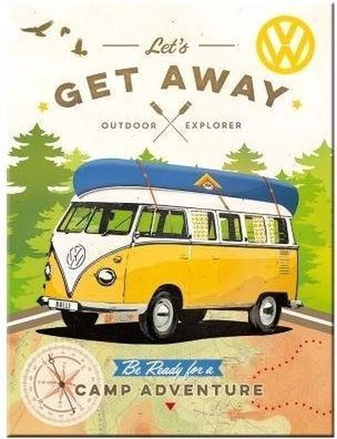 VW Bulli Lets Get Away. Koelkastmagneet 8 cm x 6 cm.