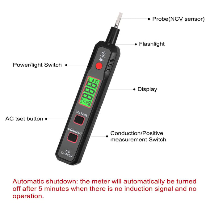 LCD-scherm Elektrische testpen AC12-300V spanningstester Stroom-/nuldraaddetector Kabelbreukpunt zwart