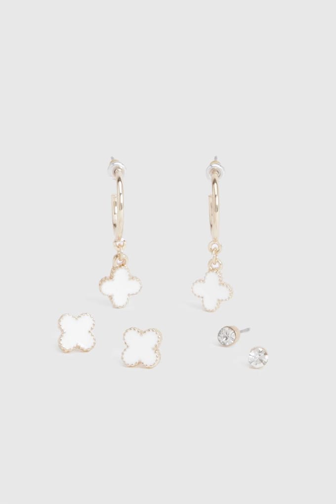 boohoo Dames Witte emaille klaver oorbellen 3-pack | Goud