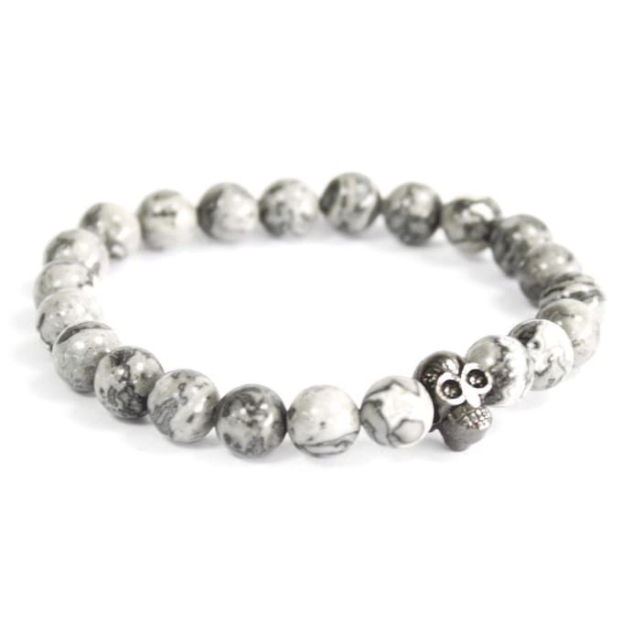 Tinnen schedel / grijze agaat - edelsteen armband