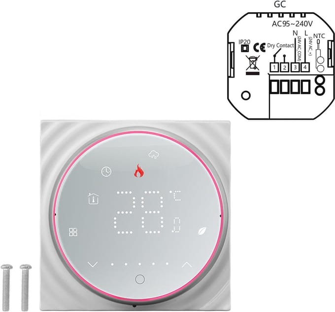 Slimme Thermostaat - Programmeerbaar Display - Verwarming Regelen - Precieze Temperatuur - 13mm Dun Paneel - Wit
