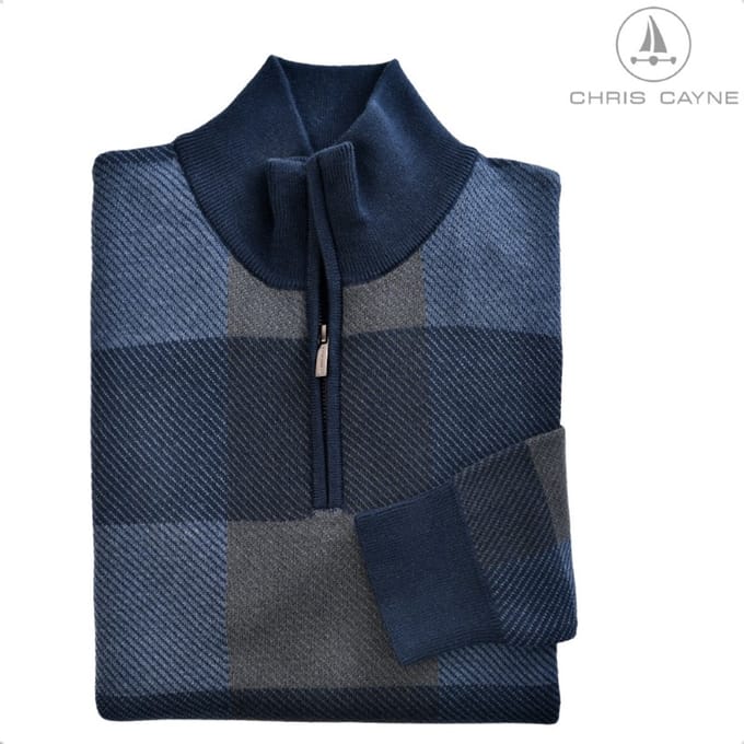 Trui 6005 navy/bruin geblokt korte rits - maat M