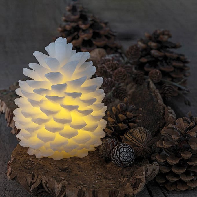 Wax Dennenappel Clara met LED lichtjes Ø10xH14cm