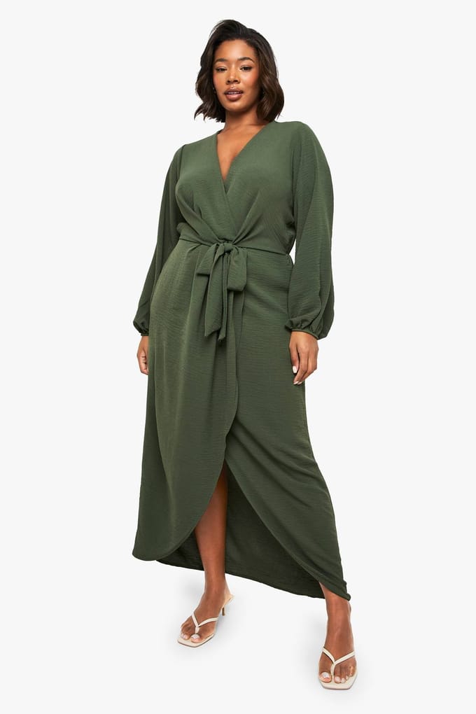 boohoo Dames Plus Textured Tie Detail Maxi Jurk | Olijf | Maat: 44