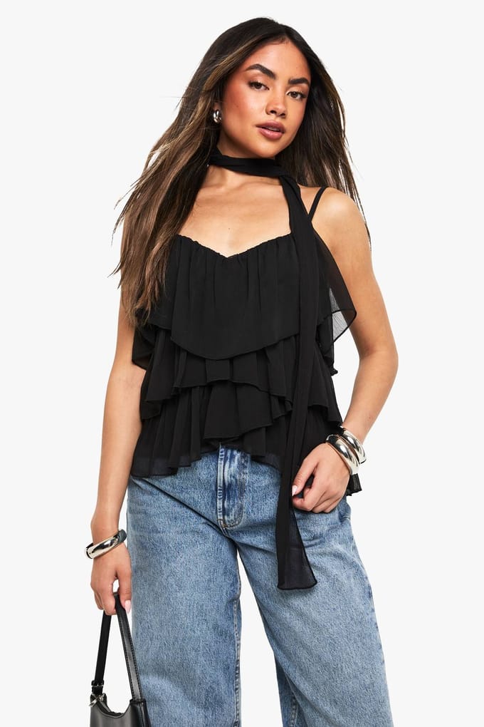 boohoo Dames Crinkle Chiffon Ruffle Sjaal Cami | Zwart | Maat: 36