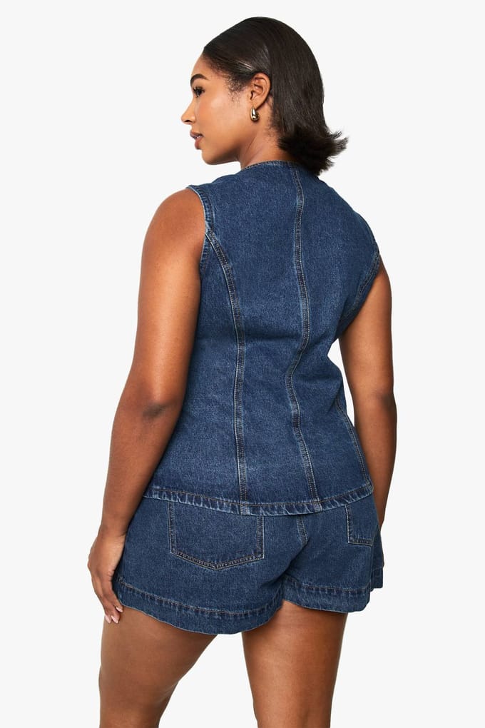 boohoo Dames Plus Denim Longline Weste | Medium Blauw | Maat: 44