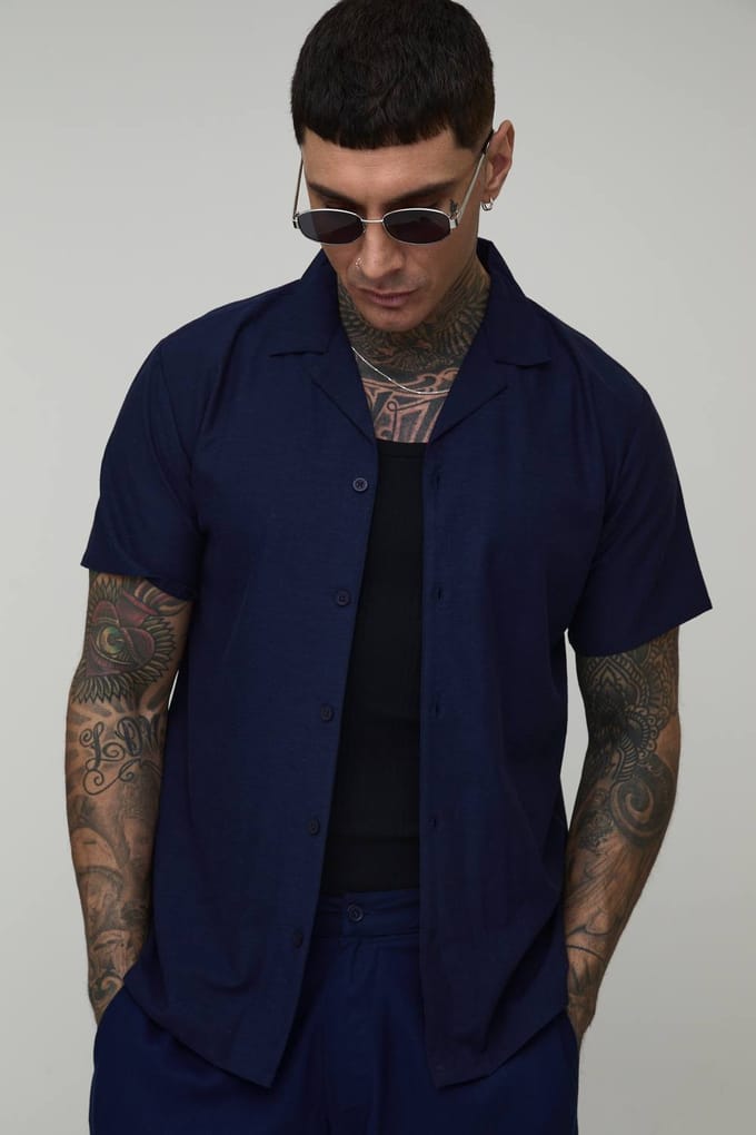 Lang Regular Korte Mouw Linnen Blend Overhemd | Navy | Size Small