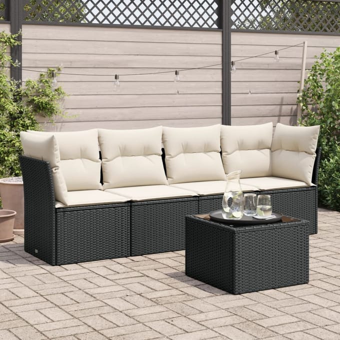 vidaXL - 5-delige - Loungeset - met - kussens - poly - rattan - zwart