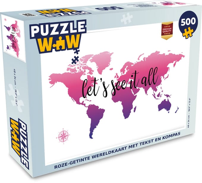 Puzzel Wereldkaart - Roze - Kompas - Legpuzzel - Puzzel 500 stukjes
