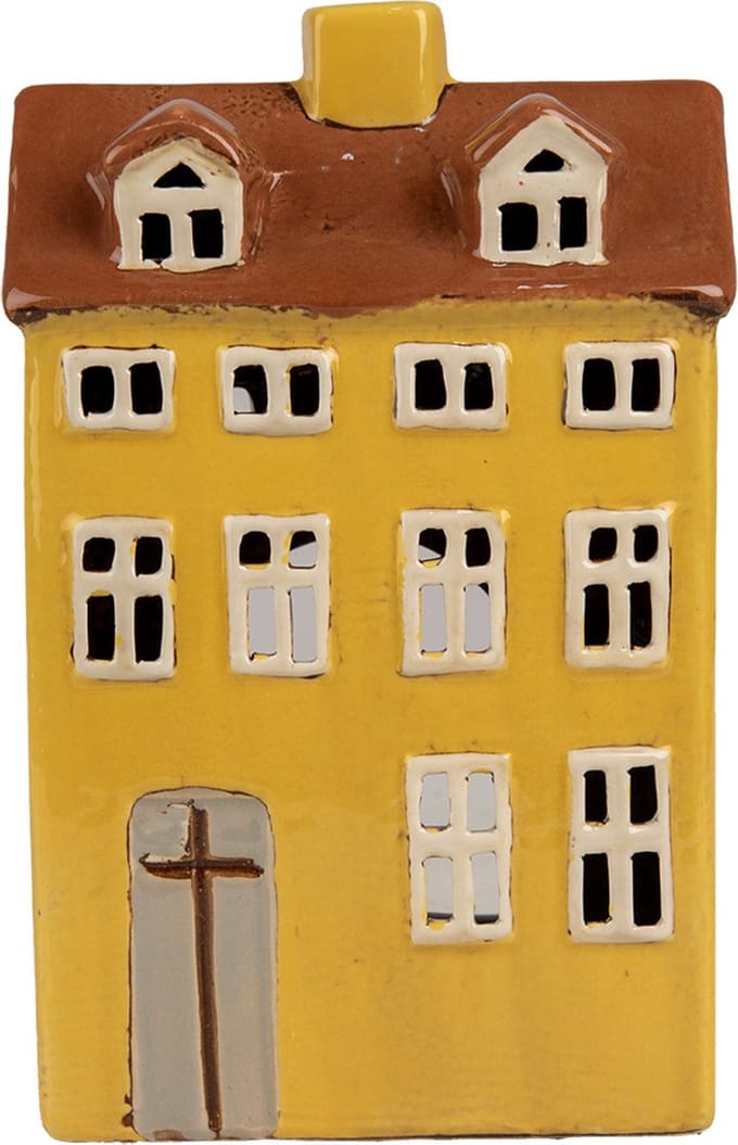 Clayre & Eef Waxinelichthouder Huis 12x8x18 cm Geel Bruin Keramiek