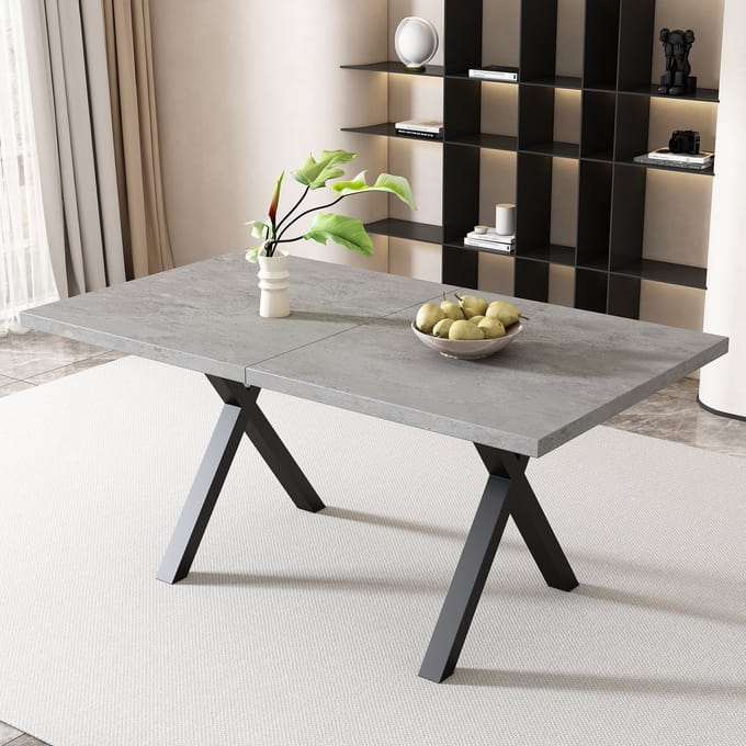 MODFU Eettafel - Kruispoten - Rechthoekig - Industrieel - Voor Eetkamer - MDF En Metaal - Grijs Zwart