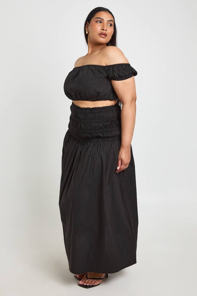 boohoo Dames Plus Katoenen Popeline Bardot Top & Rok Co-ord Set | Zwart | Maat: 50